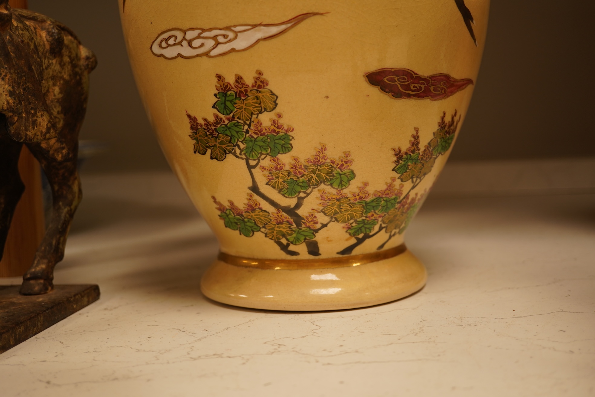 A pair of Chinese bronze horses, a Japanese Satsuma bowl and similar vase, vase 33cm high.
